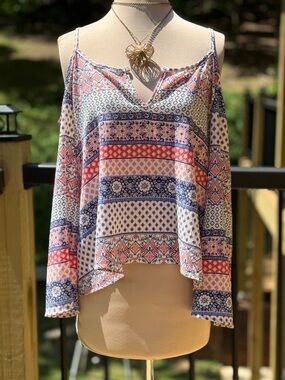 Papaya Boho Patchwork Cold Shoulder Blouse Flowy Festival Top S